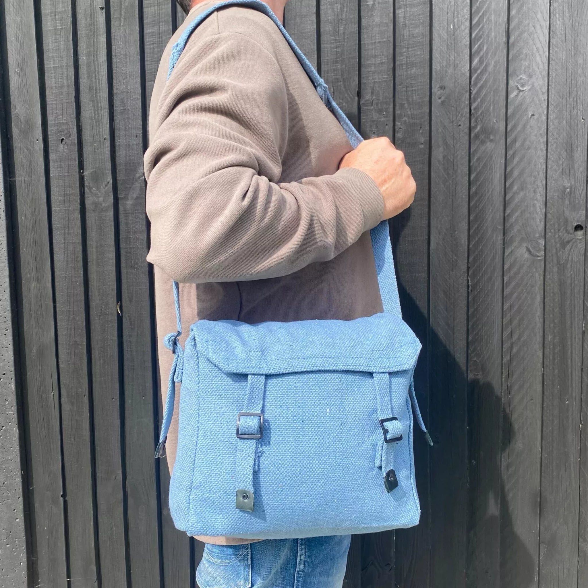 Canvas army military style shoulder bag with adjustable strap and buckle fastening in RAF Blue